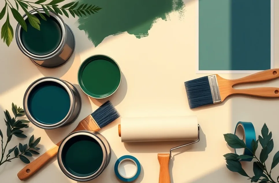 Pots de peinture, nuancier, brosses et rouleaux disposés à plat