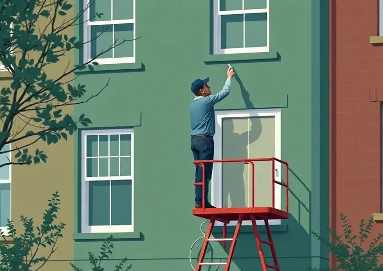 Peintre sur échafaudage traitant la façade d'une maison