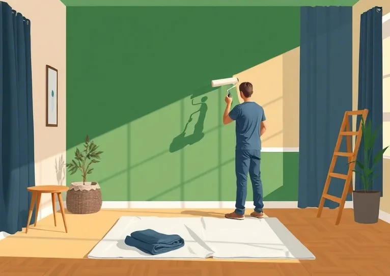 Peintre appliquant la peinture au rouleau sur un mur de salon