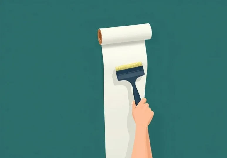 Pose de papier peint, rouleau et brosse à maroufler